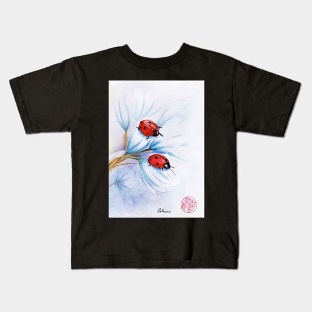 "companions"  ladybugs mixed media painting - watercolor, ink, colored pencil Kids T-Shirt by tranquilwaters